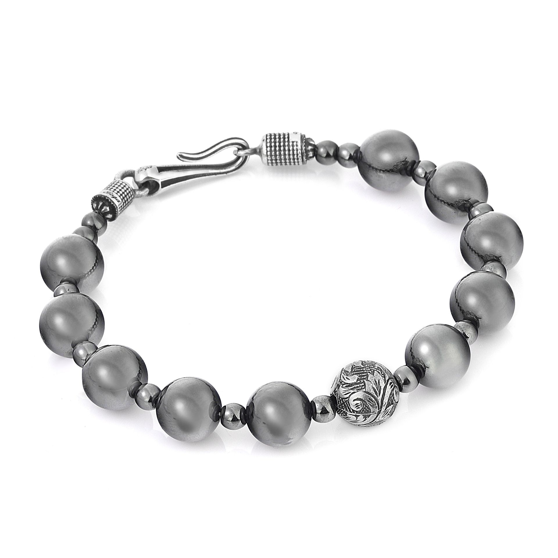 Engraved Hematit Taşlı Erkek Gümüş Bileklik resmi