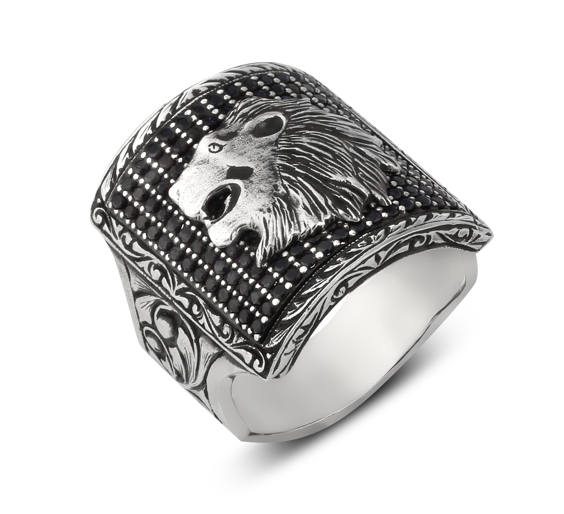 Square Black Pave Lion Gümüş Yüzük resmi