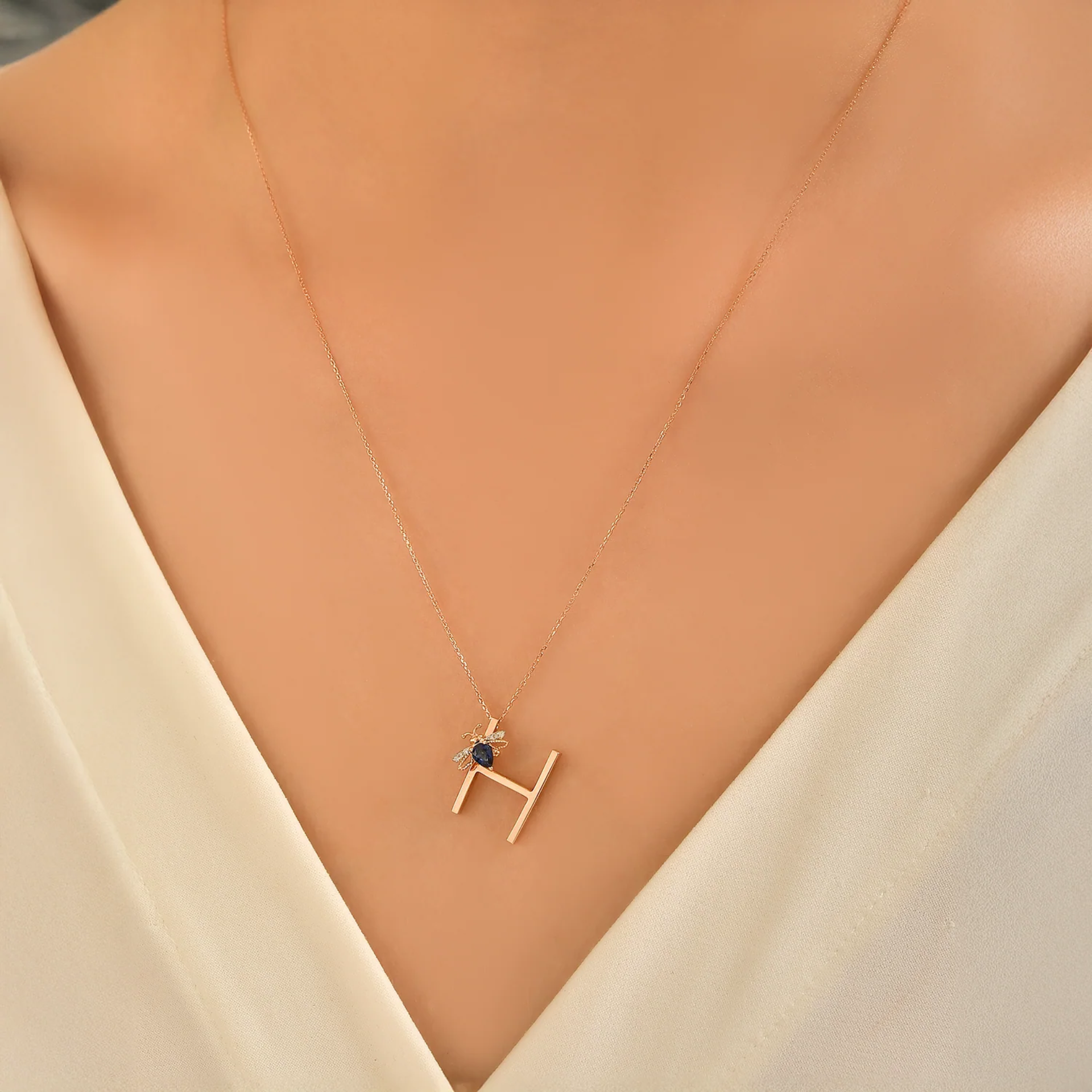 H Harf Safir Pırlanta Kolye resmi